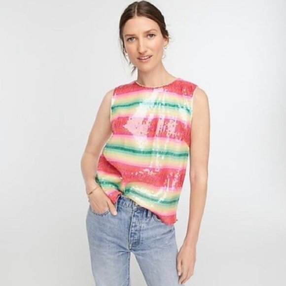 J. Crew NWT Watermelon Stripe Sequin Tank Top - Picture 1 of 13